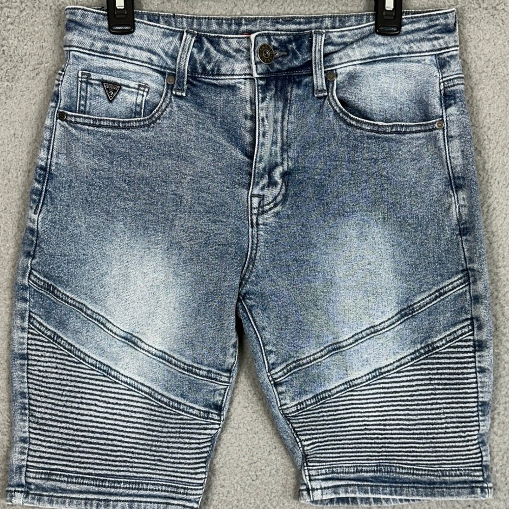 Guess Moto Denim Shorts Mens 30‎ Blue Jean Distressed Stretch 5-Pocket Acid Wash
